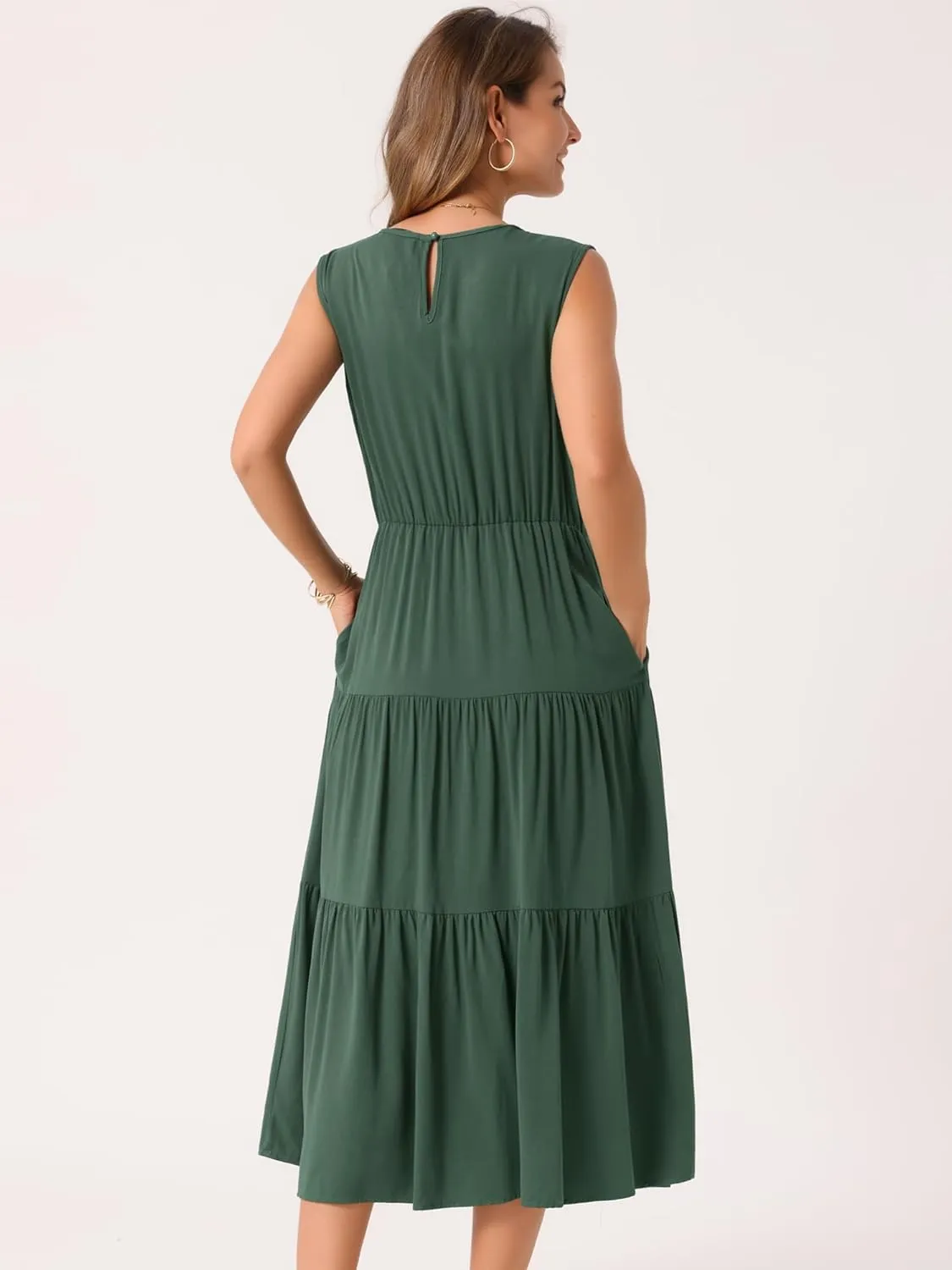 Seta T Women's Summer Dresses Sleeveless Crewneck Sundress Tiered Casual Flowy Midi Dress with Pockets