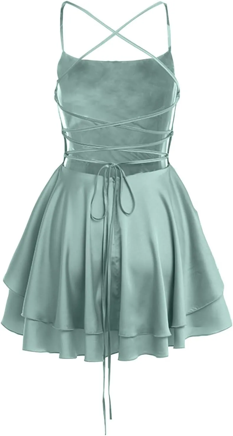 Sexy Satin Dress for Women Summer Backless Ruffle Short Dresses Cowl Neck Spaghetti Strap Tiered Layer Mini Sundress