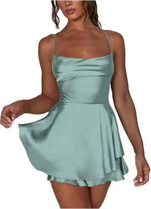 Sexy Satin Dress for Women Summer Backless Ruffle Short Dresses Cowl Neck Spaghetti Strap Tiered Layer Mini Sundress