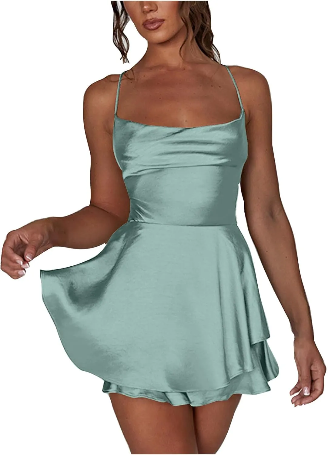Sexy Satin Dress for Women Summer Backless Ruffle Short Dresses Cowl Neck Spaghetti Strap Tiered Layer Mini Sundress