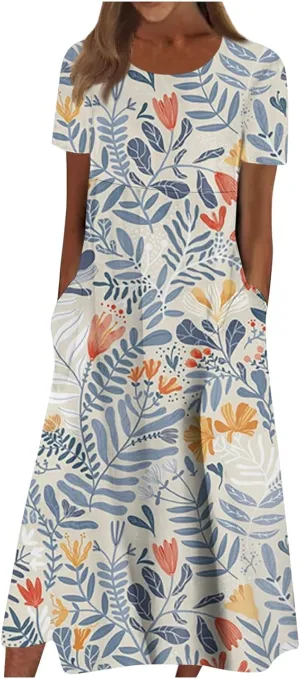 SGASY Summer Dresses for Women 2024 Short Sleeve High Waist Floral Pockets Sun Dress Plus Size Dresses for Curvy Women