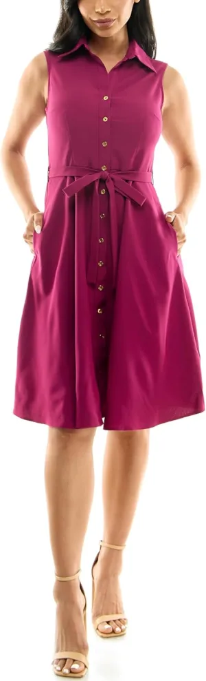Sharagano Women's Sleeveless Button Front Shirt Dress with Sweep