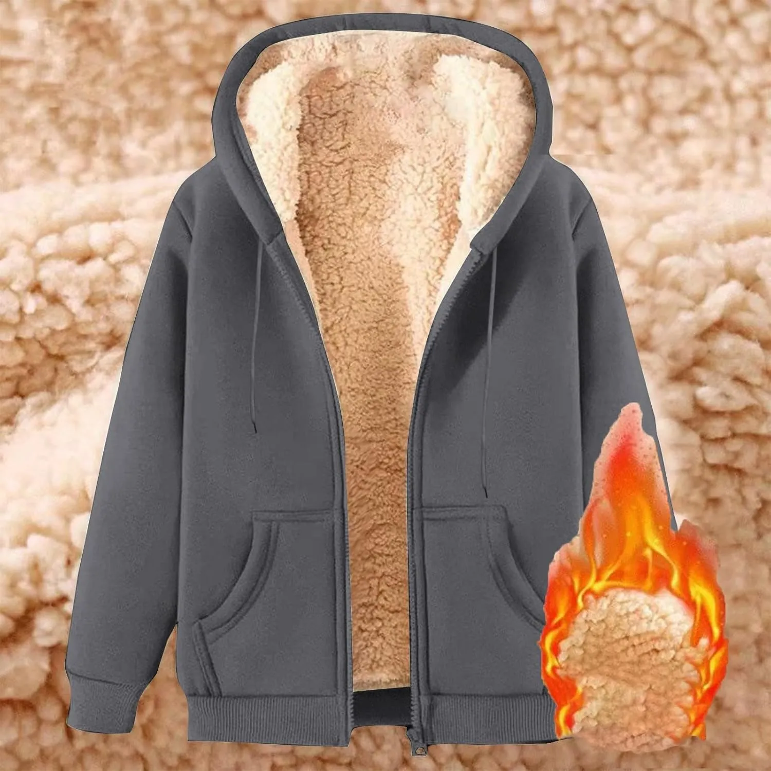 Sherpa Lined Jackets for Men Zip Up Hoodies Casual Oversized Fleece Jacket Trendy Y2K Hoodie Warm Winter Coat Pocket
