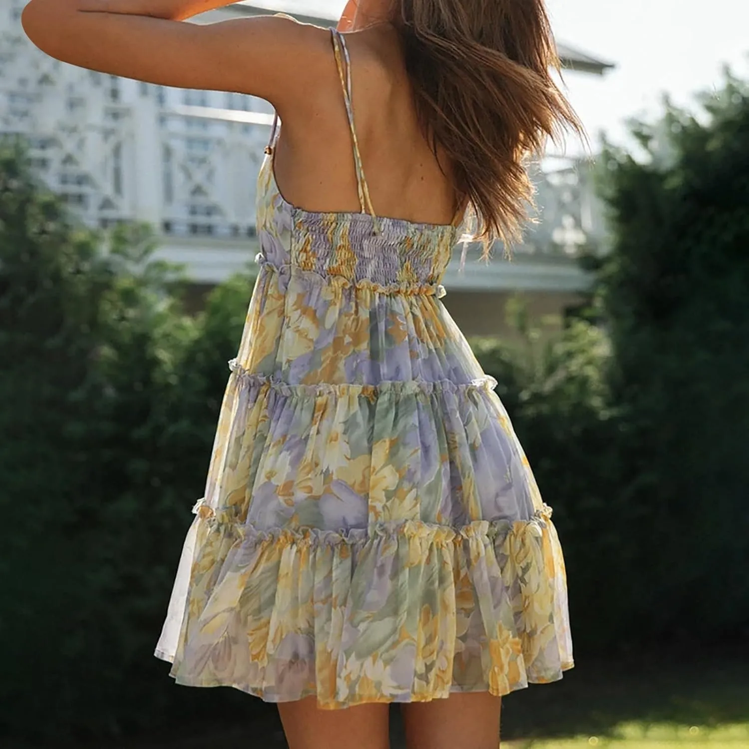 Short Dress for Women Chiffon Floral Mini Skater Dress Flowy Smocked Sun Dresses Cute Teen Spaghetti Strap Tiered Dresses