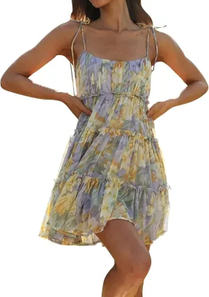 Short Dress for Women Chiffon Floral Mini Skater Dress Flowy Smocked Sun Dresses Cute Teen Spaghetti Strap Tiered Dresses