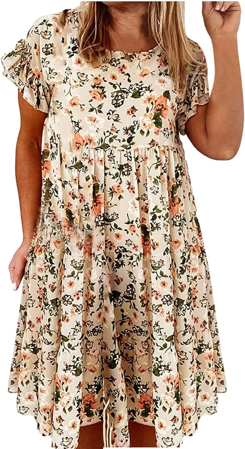 Short Sleeve Summer Dresses for Women 2025 Vacation Beach Floral Ruffles Boho Sundresses Loose Fit Crewneck Mini Dress