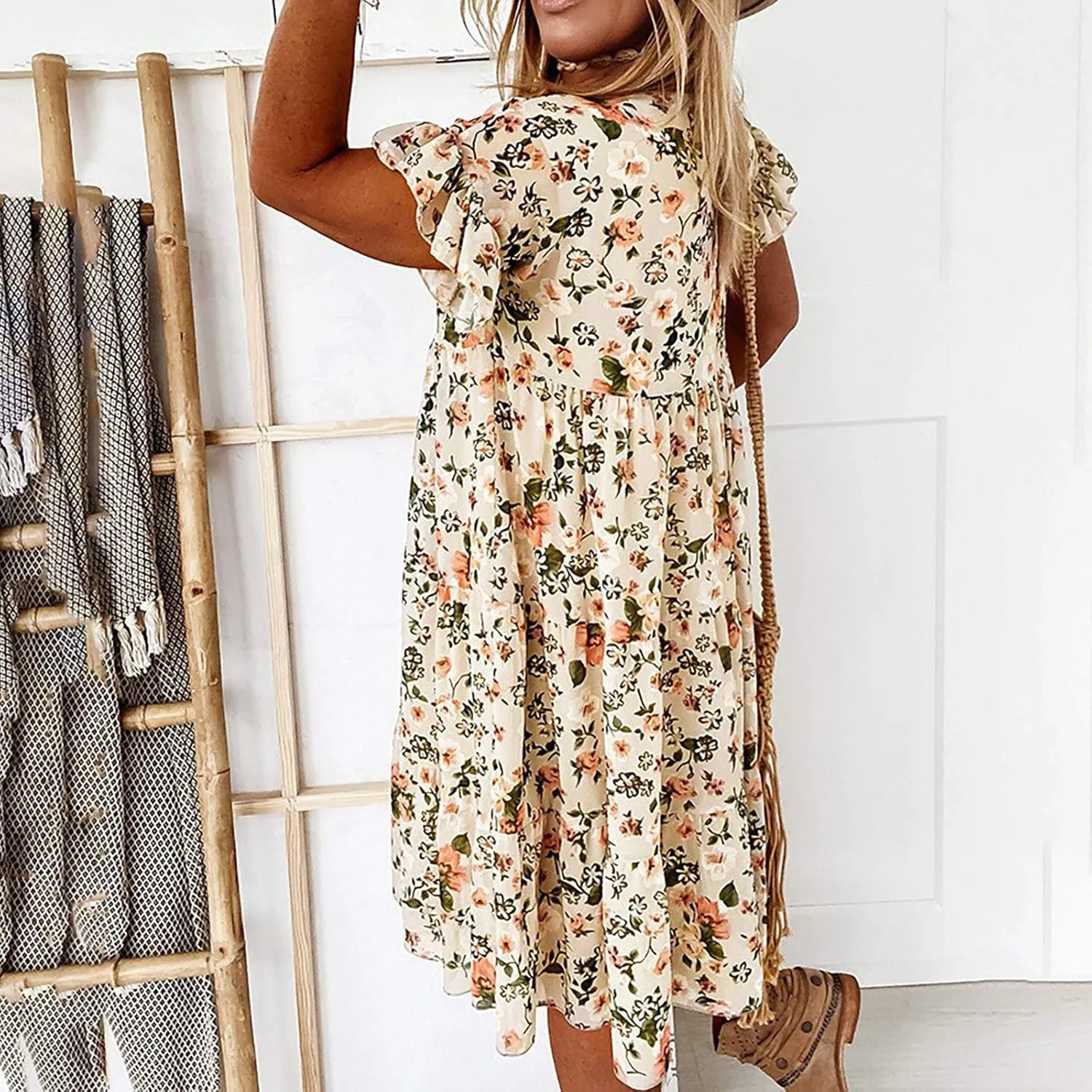 Short Sleeve Summer Dresses for Women 2025 Vacation Beach Floral Ruffles Boho Sundresses Loose Fit Crewneck Mini Dress