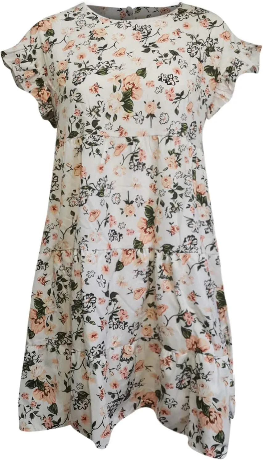 Short Sleeve Summer Dresses for Women 2025 Vacation Beach Floral Ruffles Boho Sundresses Loose Fit Crewneck Mini Dress