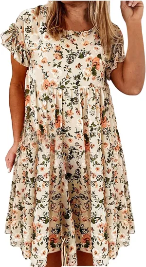 Short Sleeve Summer Dresses for Women 2025 Vacation Beach Floral Ruffles Boho Sundresses Loose Fit Crewneck Mini Dress