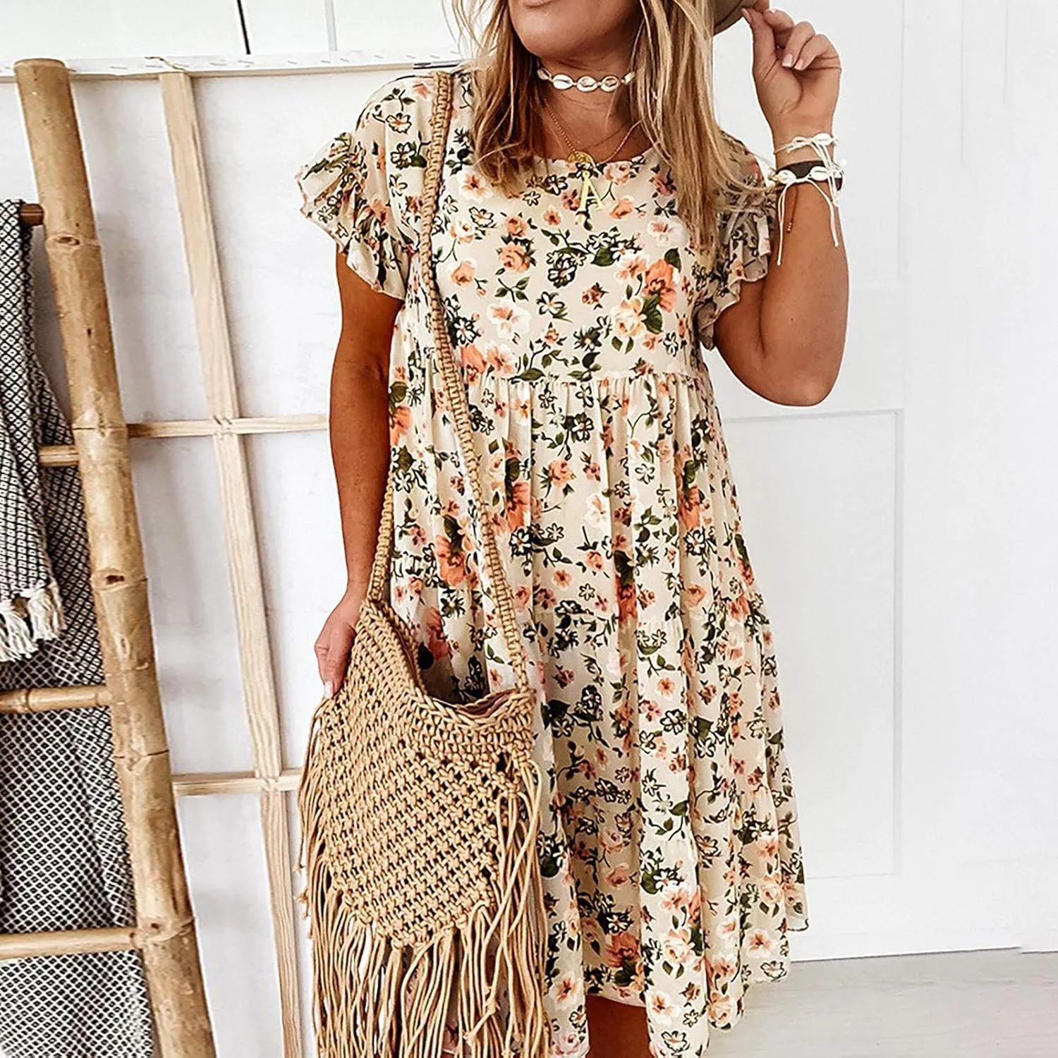Short Sleeve Summer Dresses for Women 2025 Vacation Beach Floral Ruffles Boho Sundresses Loose Fit Crewneck Mini Dress