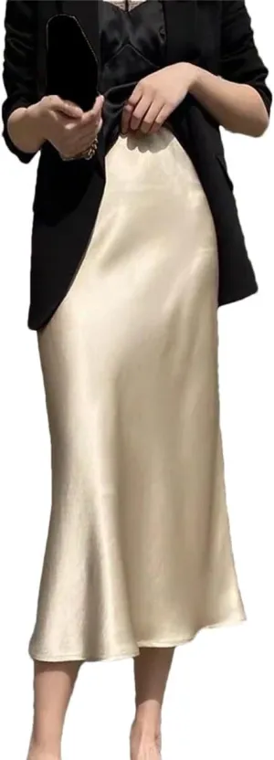 Silk Satin Skirts for Women Business Office High Waist A-Line Skirt Elegant Solid Long Pencil Skirts