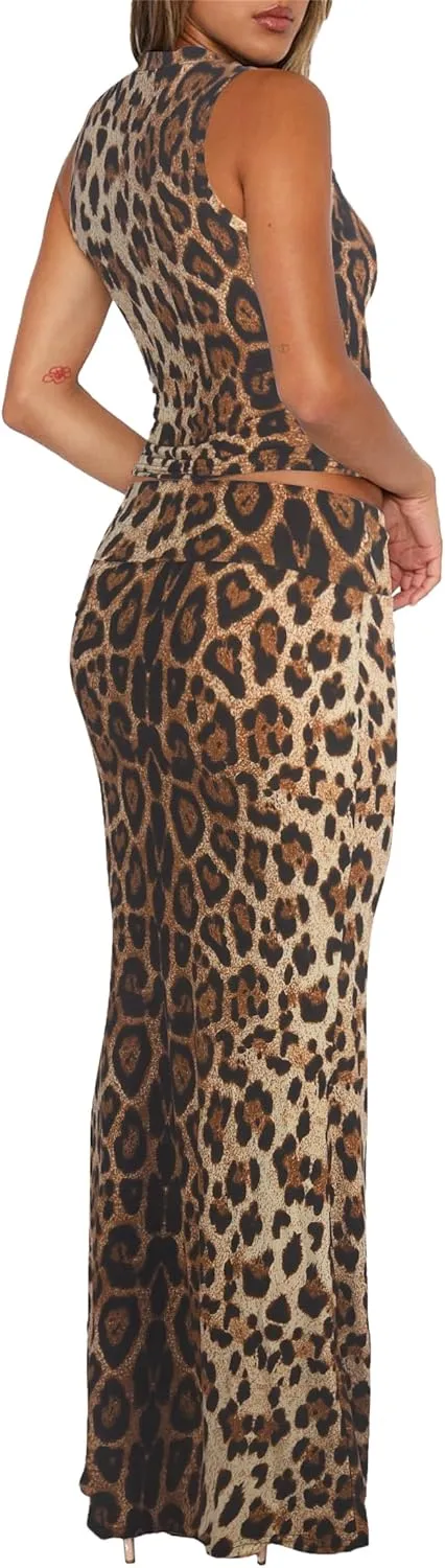 Skirt Sets Women 2 Piece Outfits - Sexy Two Pc Sleeveless Tank Crop Top Fold Over Maxi Long Skirts
