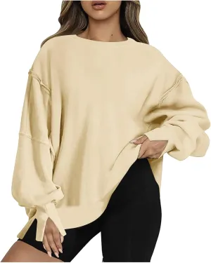 SMIDOW Womens Oversized Crewneck Sweatshirts Hoodies Fall 2023 Fashion Warm Y2k Clothes Casual Slit Sloucthy Pullover Tops