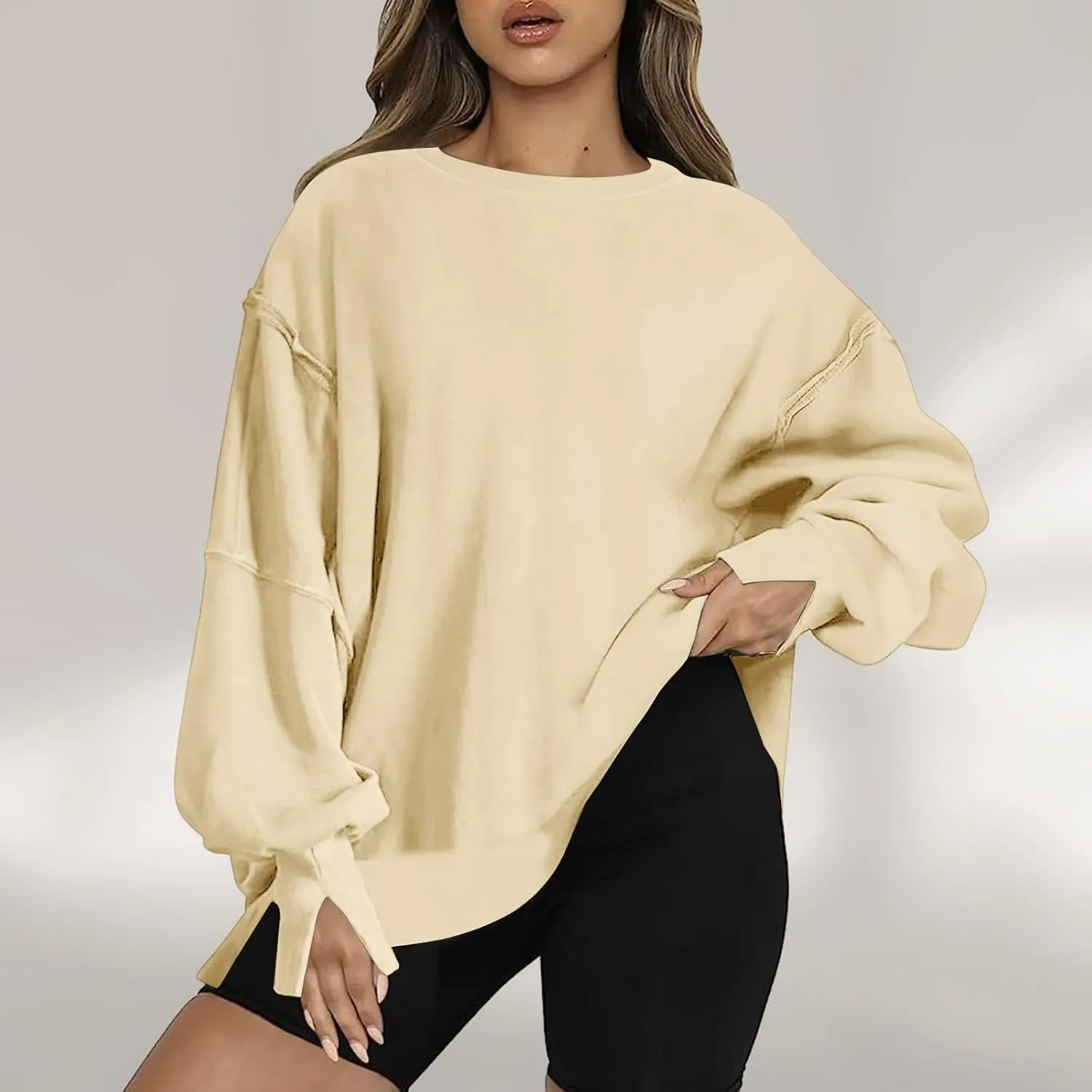 SMIDOW Womens Oversized Crewneck Sweatshirts Hoodies Fall 2023 Fashion Warm Y2k Clothes Casual Slit Sloucthy Pullover Tops