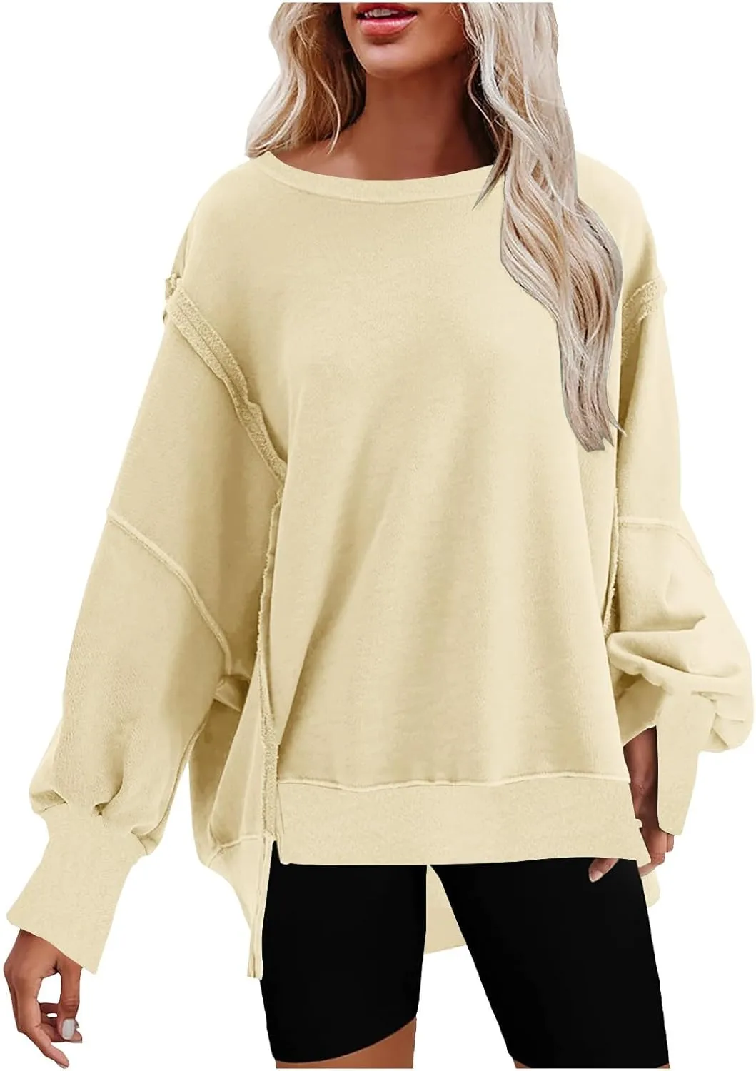 SMIDOW Womens Oversized Crewneck Sweatshirts Hoodies Fall 2023 Fashion Warm Y2k Clothes Casual Slit Sloucthy Pullover Tops