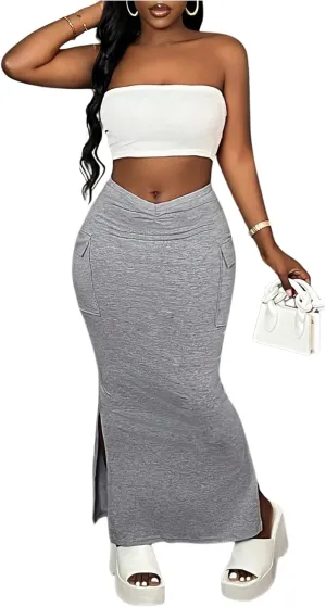 SOLY HUX Women's High Waisted Bodycon Long Skirts Side Slit Skinny Summer Maxi Skirts