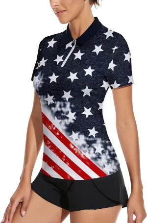 Soneven Women's Long Sleeve Golf Polo Shirts Moisture Wicking Quick Dry Half-Zip Pullover Athletic Workout Striped Tops