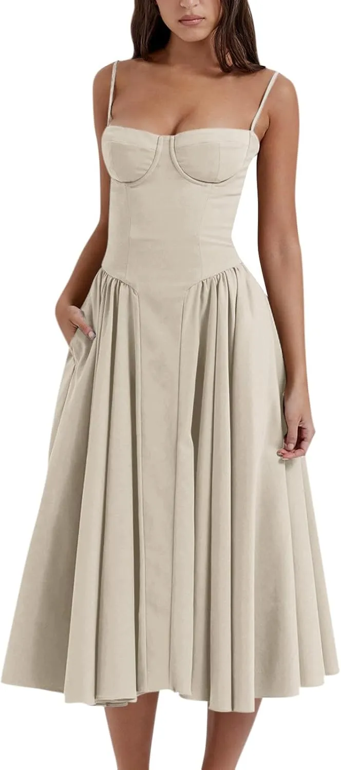 Spaghetti Strap Corset Dress for Women Formal Sexy Low Cut Midi Dress Boho Pleated Hem Cocktail Dresses with Pockets