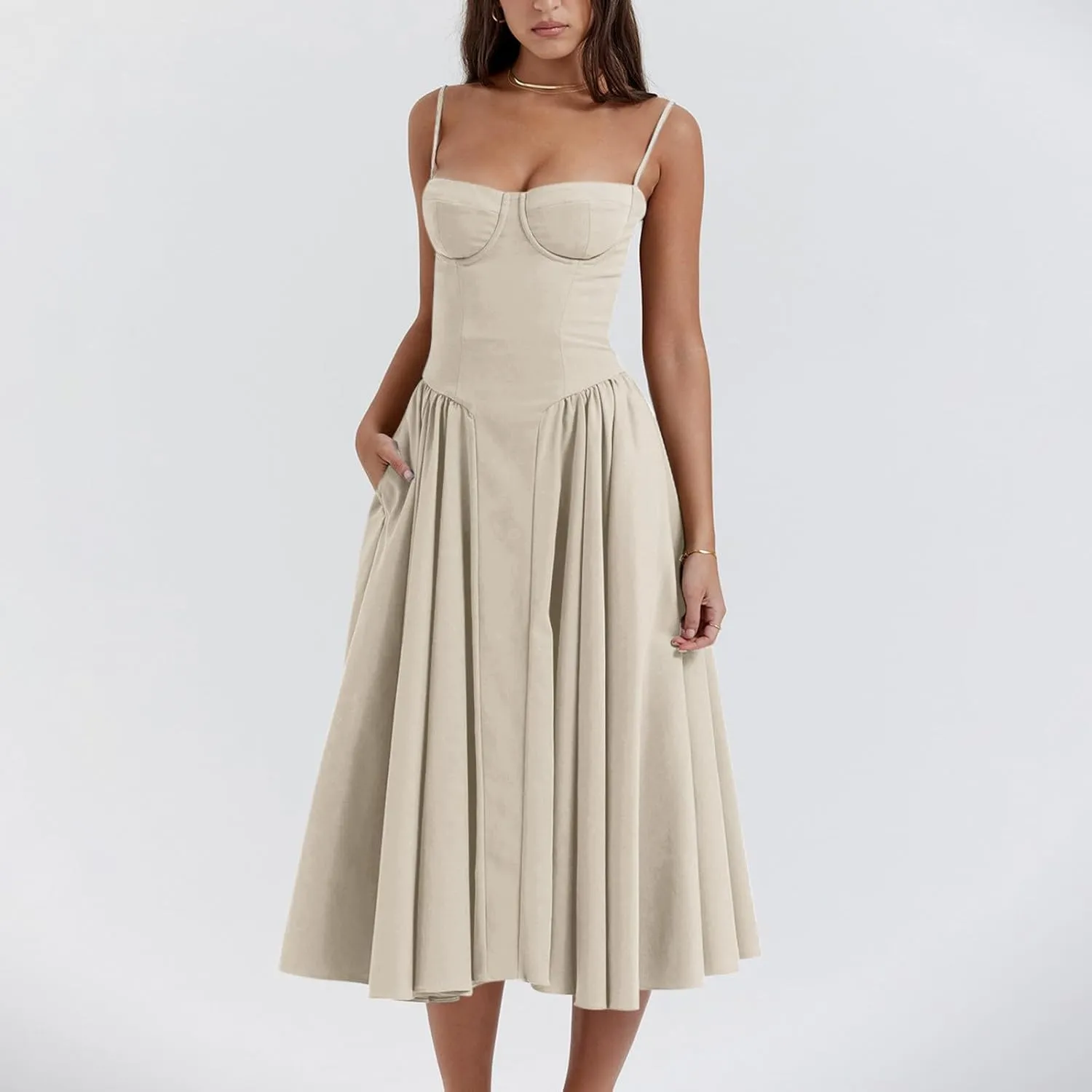Spaghetti Strap Corset Dress for Women Formal Sexy Low Cut Midi Dress Boho Pleated Hem Cocktail Dresses with Pockets