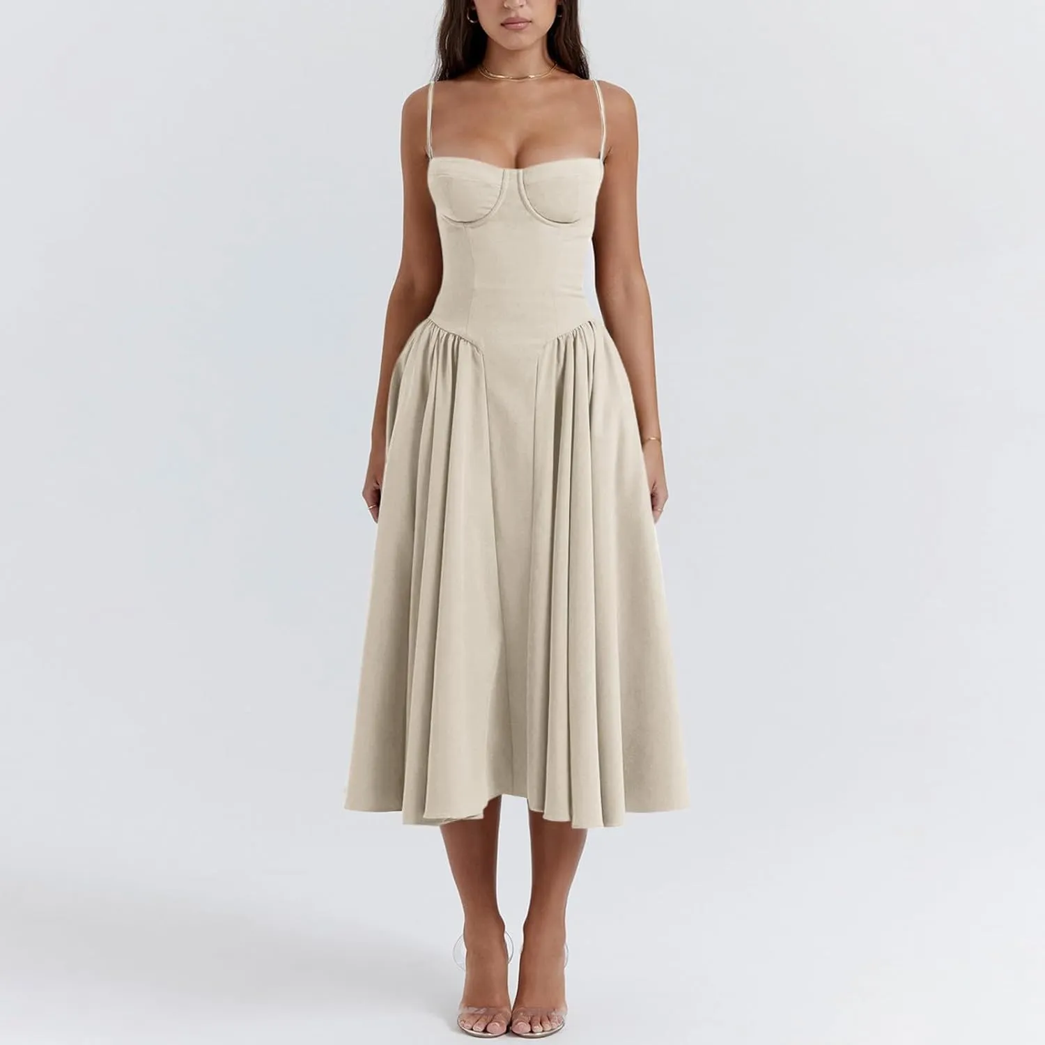 Spaghetti Strap Corset Dress for Women Formal Sexy Low Cut Midi Dress Boho Pleated Hem Cocktail Dresses with Pockets