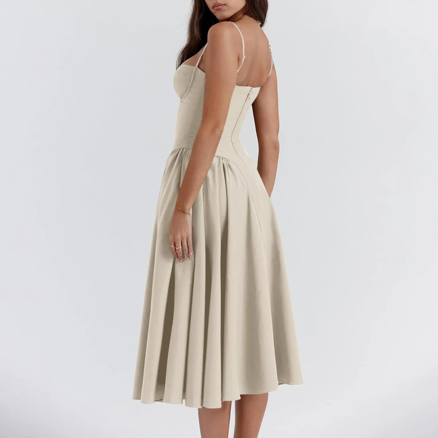Spaghetti Strap Corset Dress for Women Formal Sexy Low Cut Midi Dress Boho Pleated Hem Cocktail Dresses with Pockets