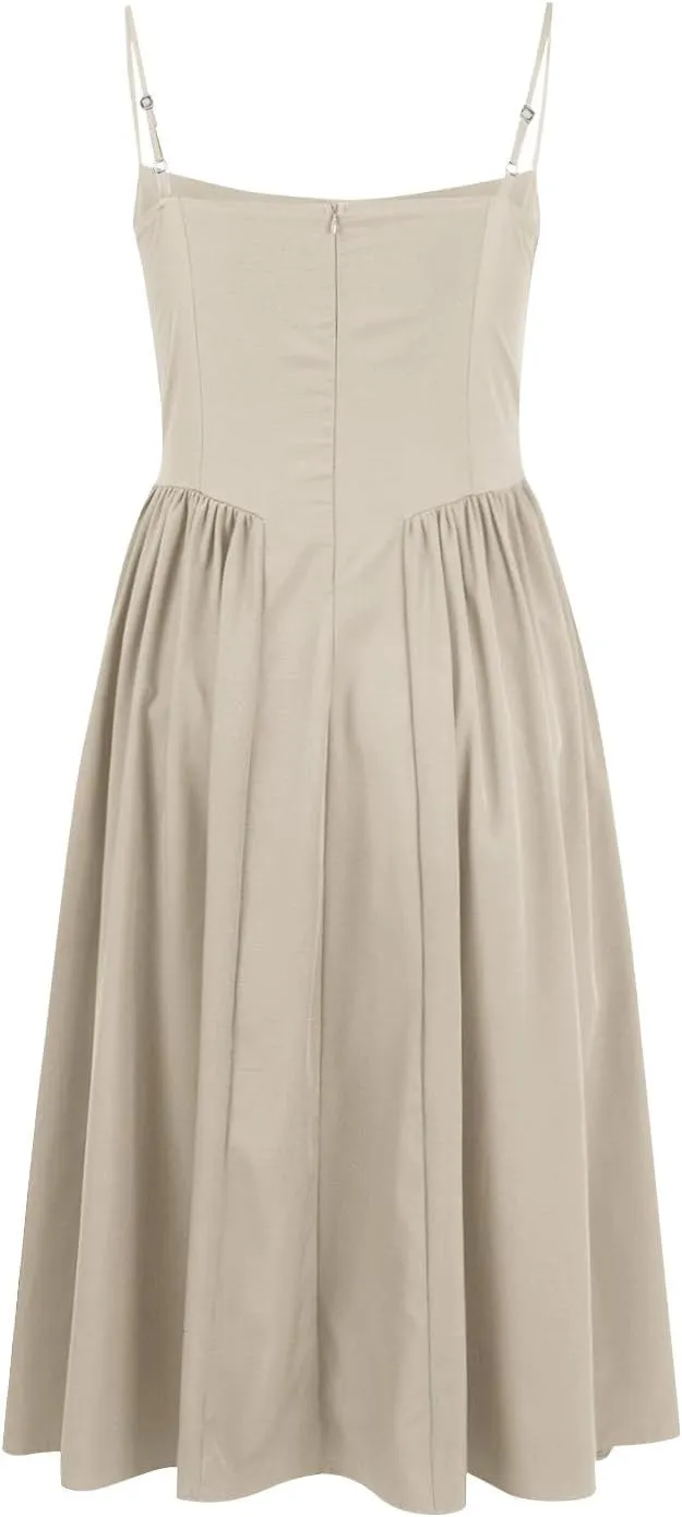 Spaghetti Strap Corset Dress for Women Formal Sexy Low Cut Midi Dress Boho Pleated Hem Cocktail Dresses with Pockets