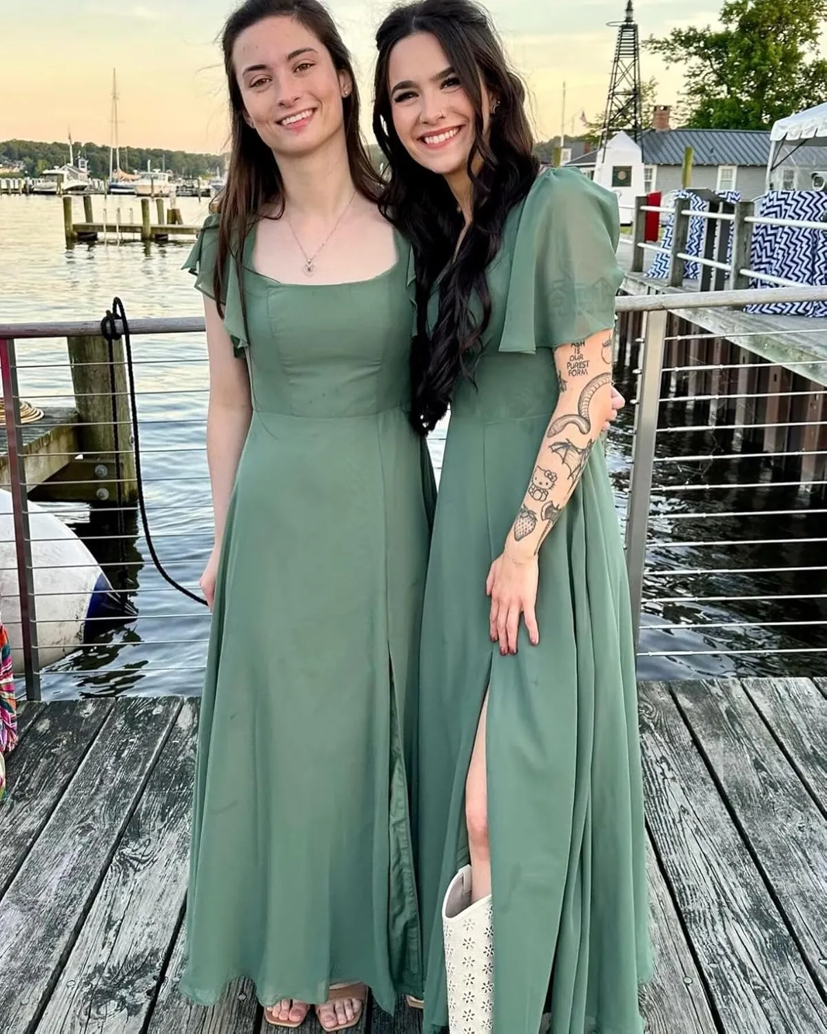 Square Neck Bridesmaid Dress Chiffon Flutter Sleeve Formal Dress Long Wedding Guest Dress with Slit ZD210