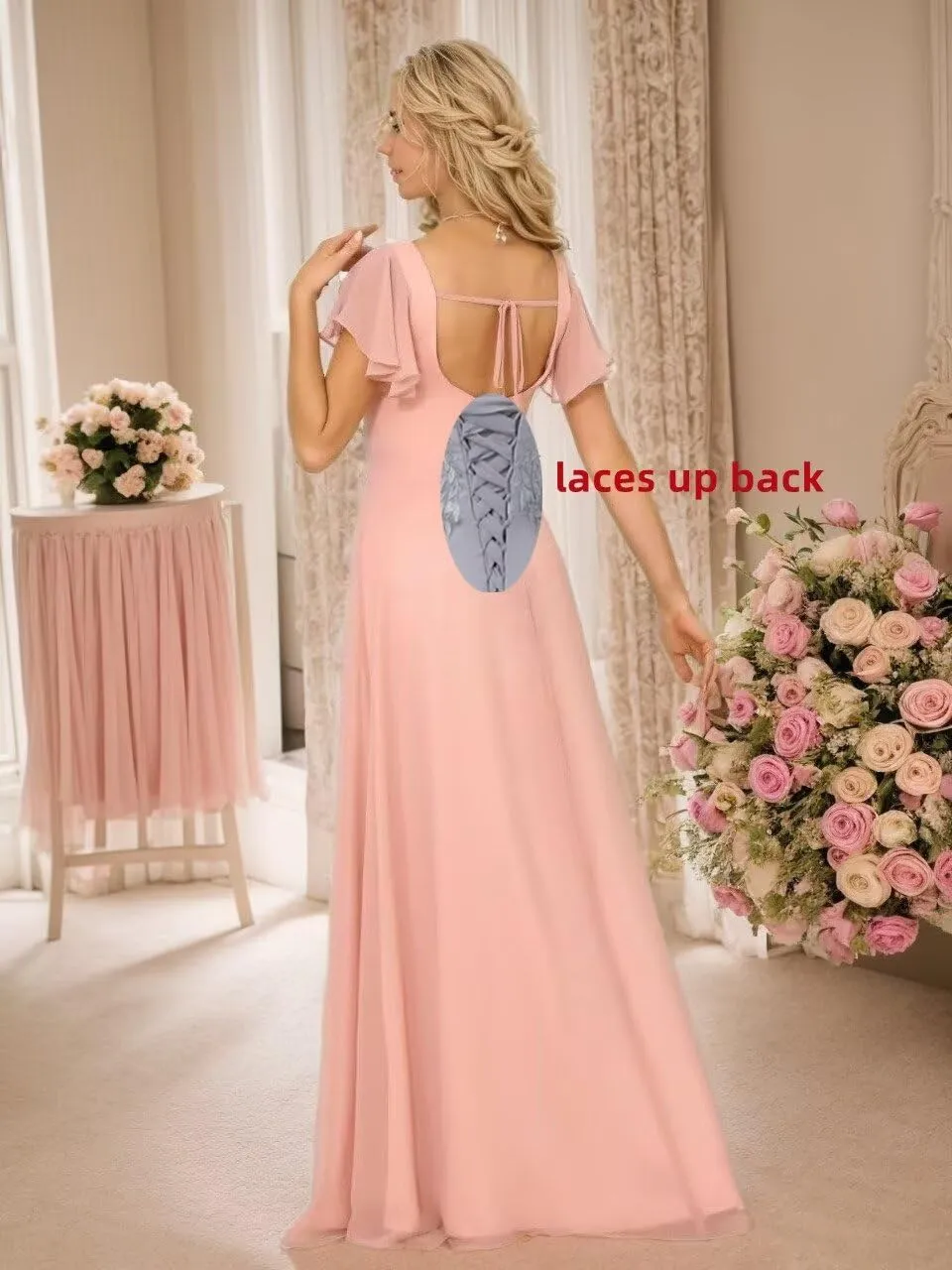 Square Neck Bridesmaid Dress Chiffon Flutter Sleeve Formal Dress Long Wedding Guest Dress with Slit ZD210