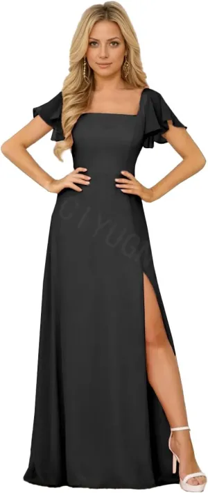 Square Neck Bridesmaid Dress Chiffon Flutter Sleeve Formal Dress Long Wedding Guest Dress with Slit ZD210