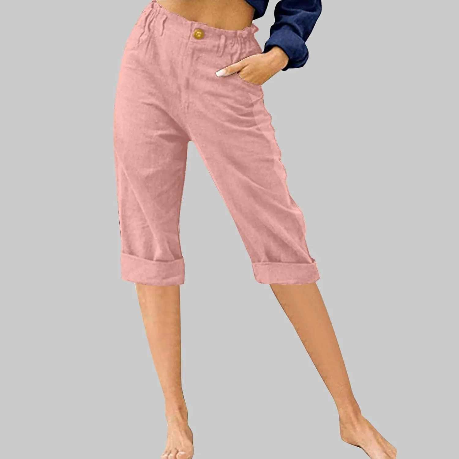 Stessotudo Capris for Women Summer Casual Elastic High Waist Linen Pants with Pockets Wide Cropped Leg Loose Trousers 2023