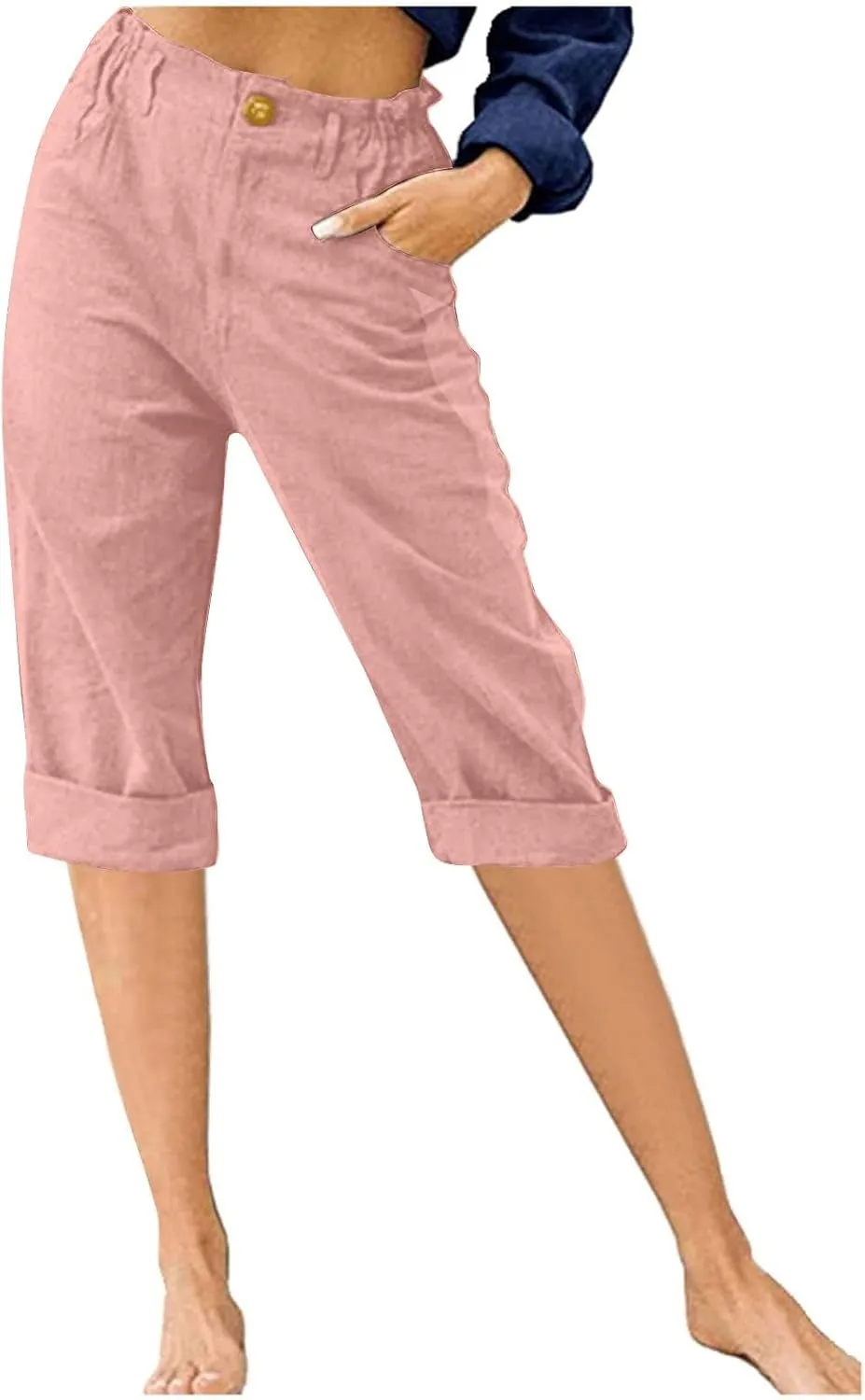 Stessotudo Capris for Women Summer Casual Elastic High Waist Linen Pants with Pockets Wide Cropped Leg Loose Trousers 2023