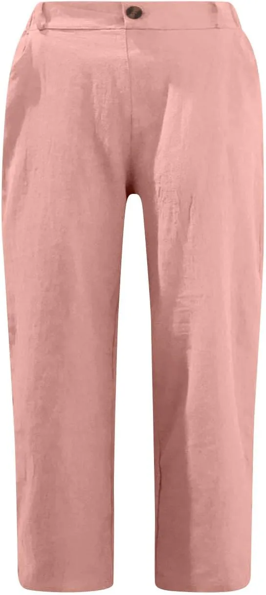 Stessotudo Capris for Women Summer Casual Elastic High Waist Linen Pants with Pockets Wide Cropped Leg Loose Trousers 2023