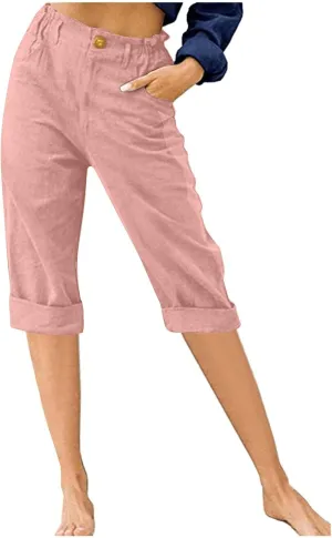 Stessotudo Capris for Women Summer Casual Elastic High Waist Linen Pants with Pockets Wide Cropped Leg Loose Trousers 2023