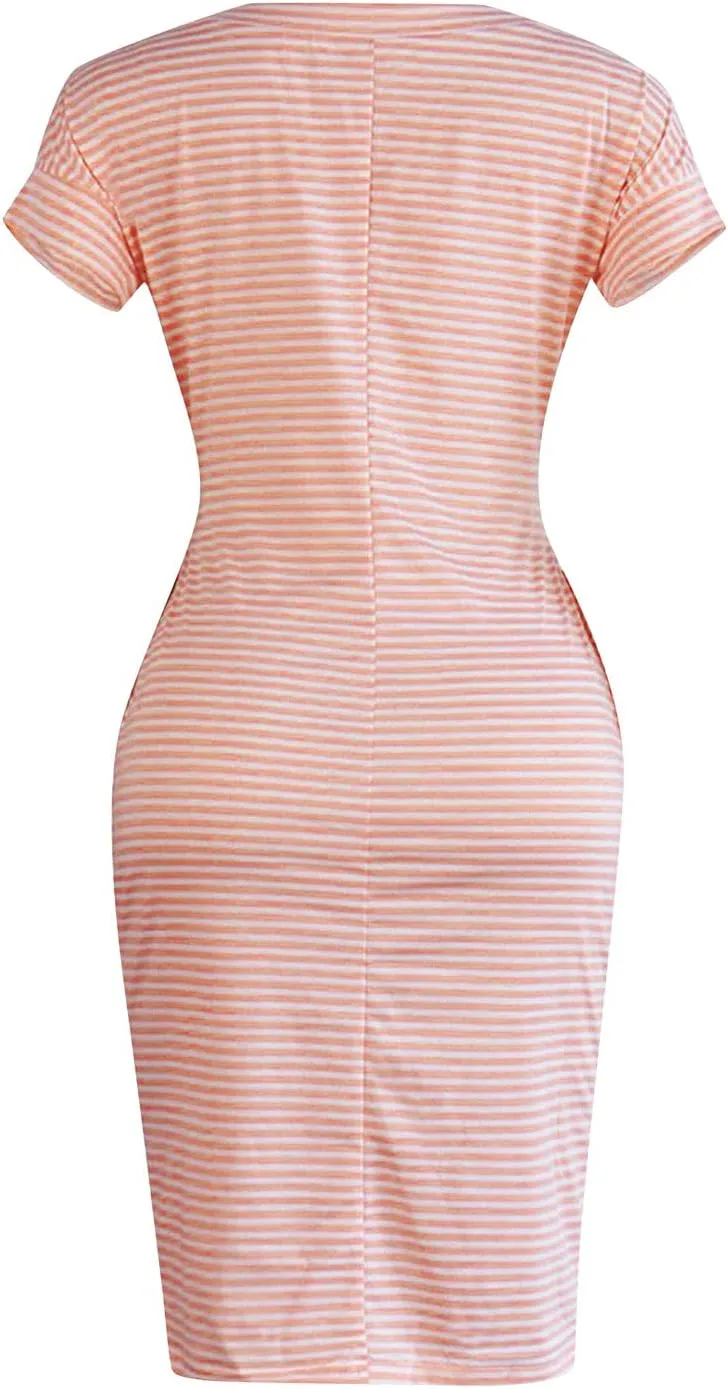 Striped Dress For Women Summer Short Sleeve Crewneck Dress Basic Solid Tie Waist Office T Shirt Dress With Pockets