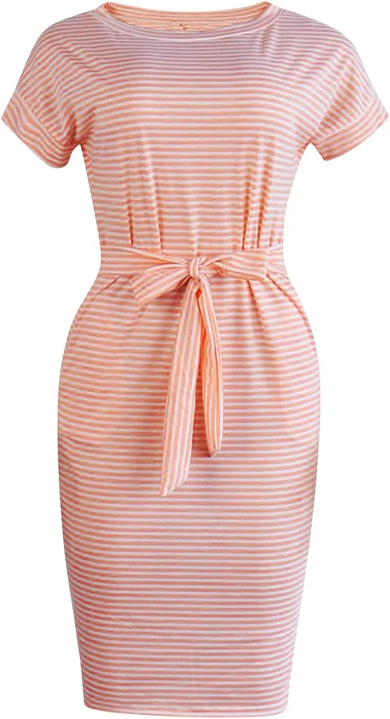 Striped Dress For Women Summer Short Sleeve Crewneck Dress Basic Solid Tie Waist Office T Shirt Dress With Pockets