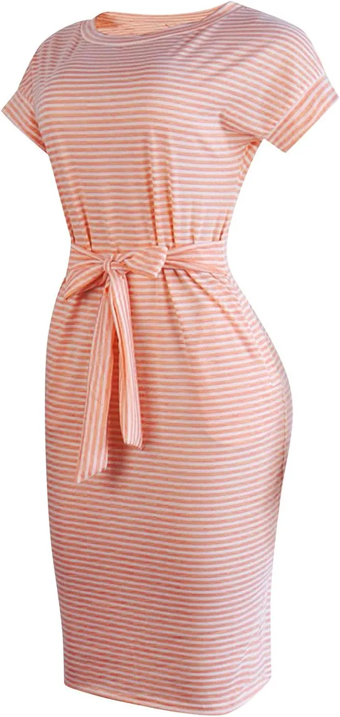 Striped Dress For Women Summer Short Sleeve Crewneck Dress Basic Solid Tie Waist Office T Shirt Dress With Pockets