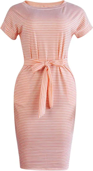 Striped Dress For Women Summer Short Sleeve Crewneck Dress Basic Solid Tie Waist Office T Shirt Dress With Pockets