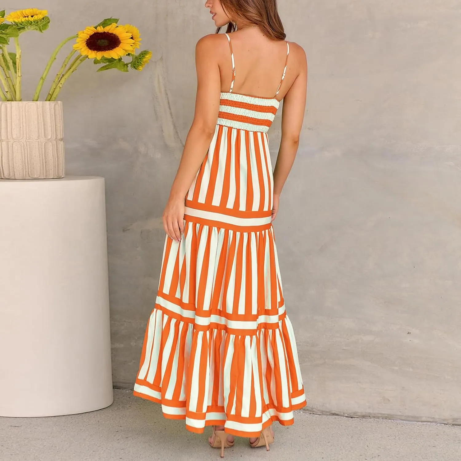 Striped Maxi Dress for Women Spaghetti Strap Sleeveless Long Dress Flowy Swing Beach Sun Dress Summer Vacation Dress