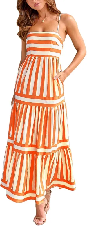 Striped Maxi Dress for Women Spaghetti Strap Sleeveless Long Dress Flowy Swing Beach Sun Dress Summer Vacation Dress