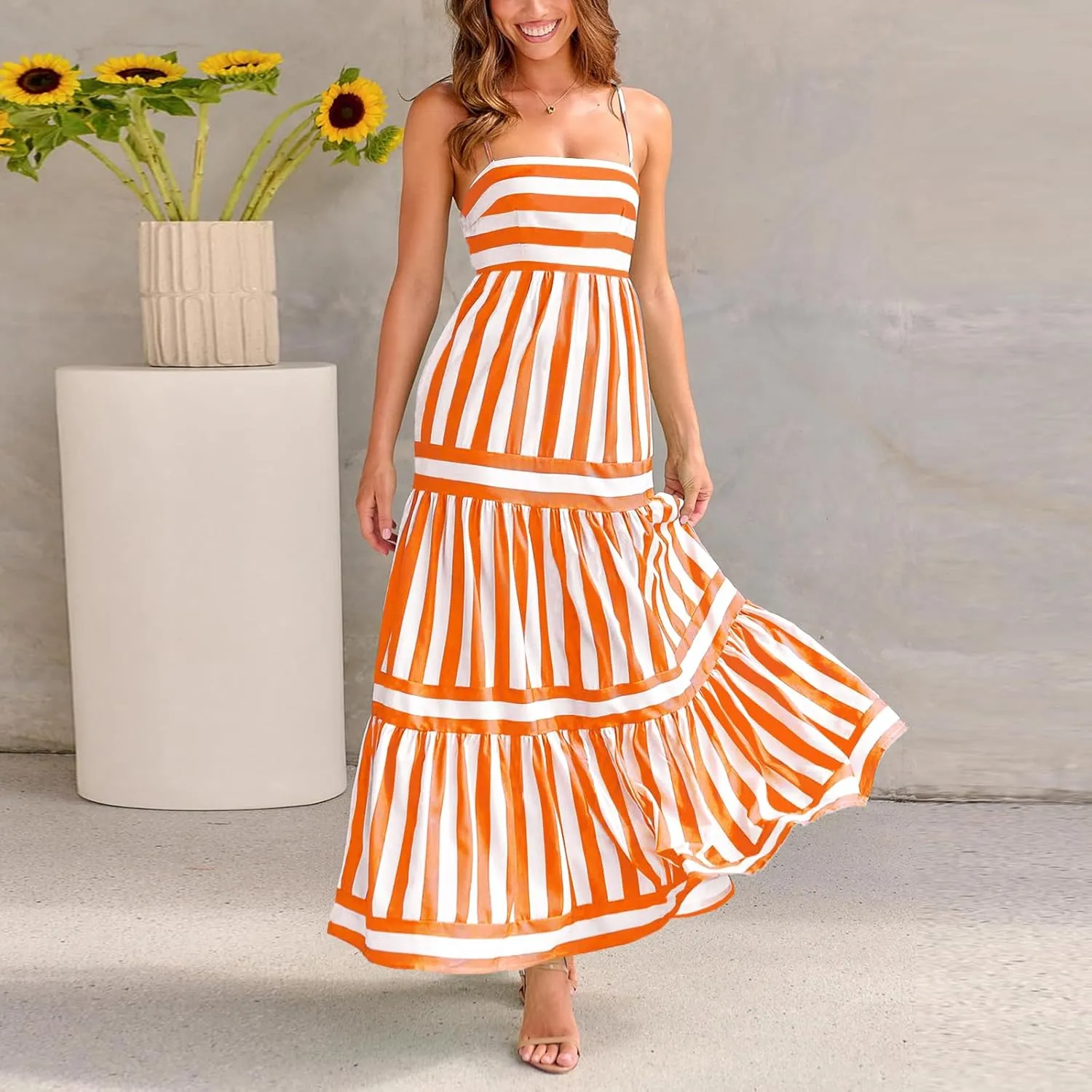 Striped Maxi Dress for Women Spaghetti Strap Sleeveless Long Dress Flowy Swing Beach Sun Dress Summer Vacation Dress