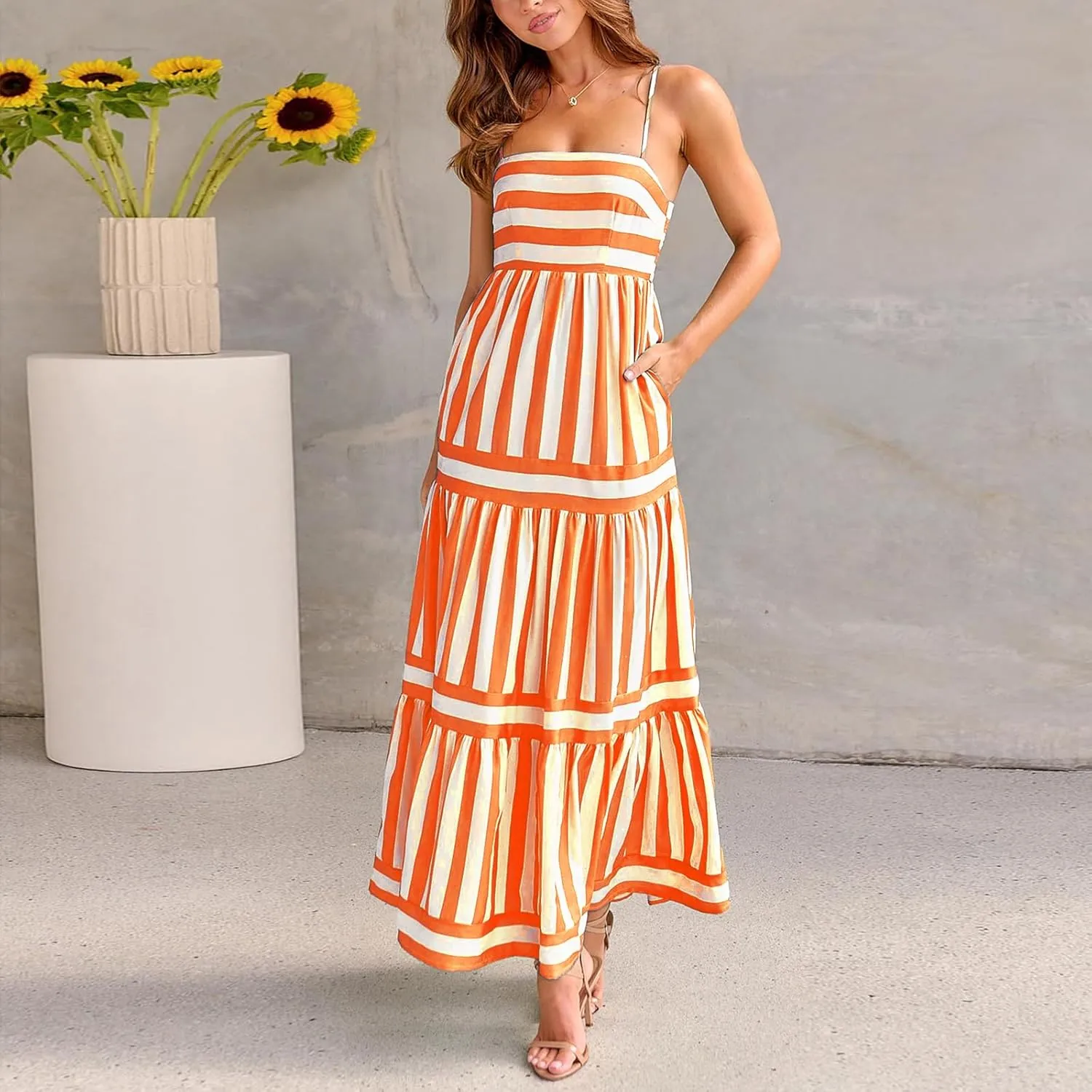 Striped Maxi Dress for Women Spaghetti Strap Sleeveless Long Dress Flowy Swing Beach Sun Dress Summer Vacation Dress