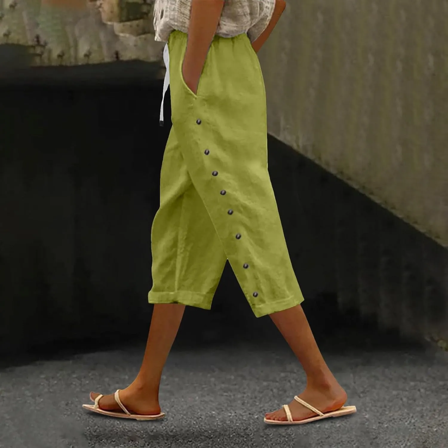 Striped Pants Women Linen Capris for Women Summer Wide Leg Loose Drawstring Elastic Waist Trouser