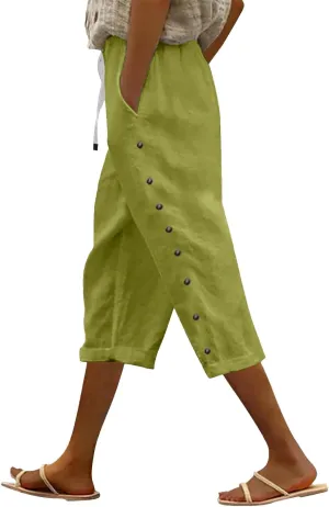 Striped Pants Women Linen Capris for Women Summer Wide Leg Loose Drawstring Elastic Waist Trouser