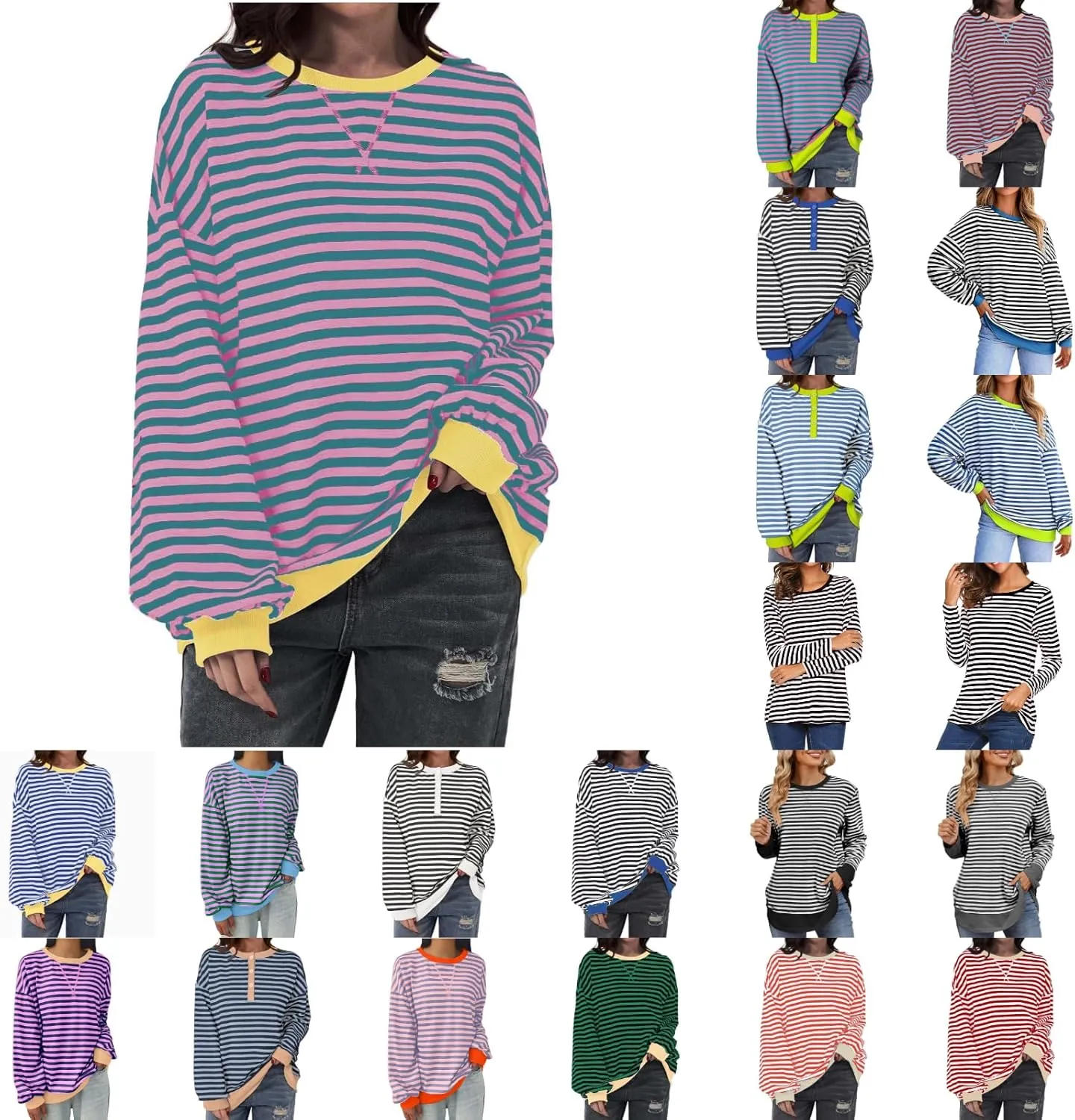 Striped Shirt Colorblock Sweatshirt Women Oversized Sweatshirt Long Sleeve Shirts Fall Outfits for Women 2024