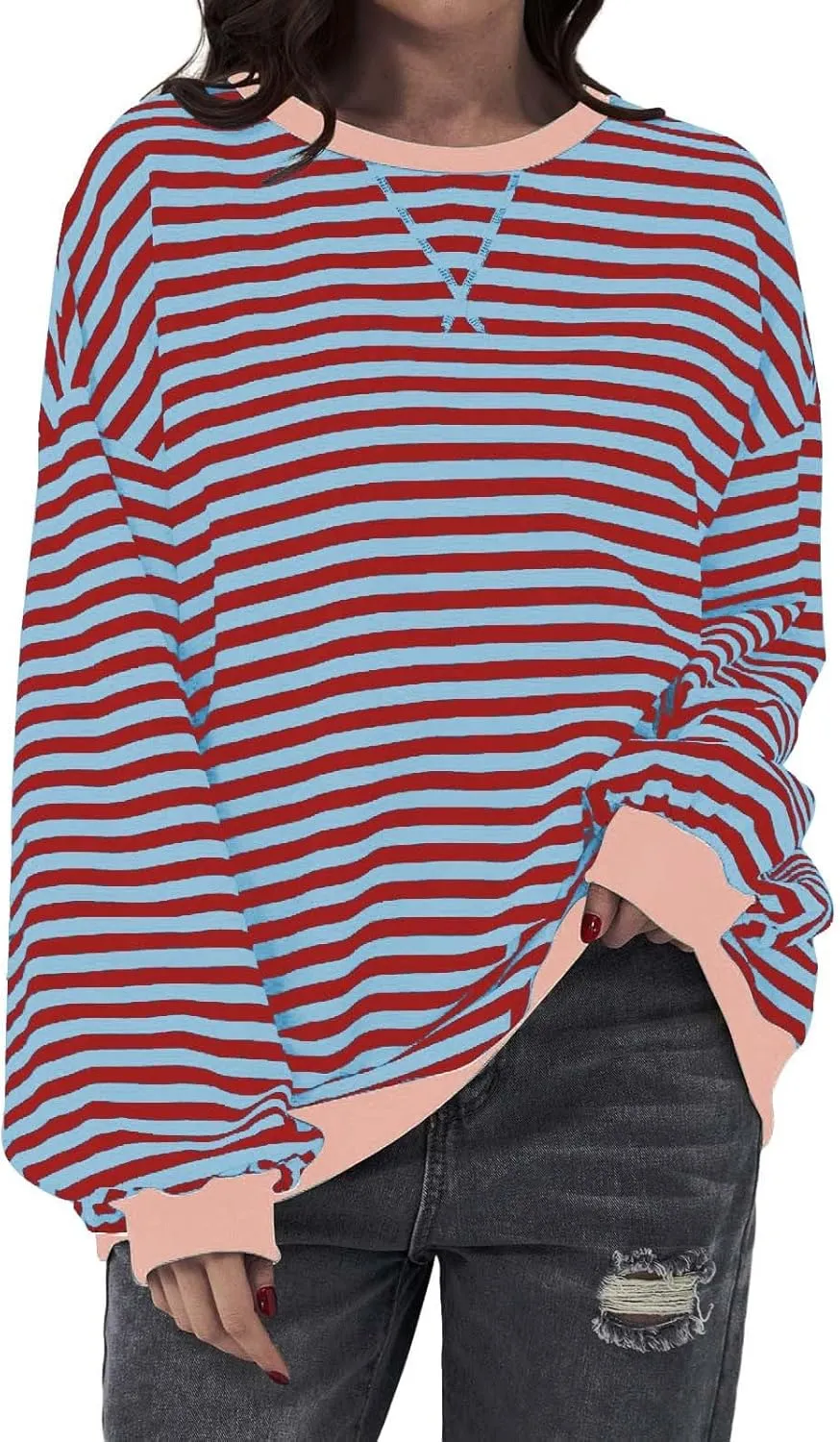 Striped Shirt Colorblock Sweatshirt Women Oversized Sweatshirt Long Sleeve Shirts Fall Outfits for Women 2024