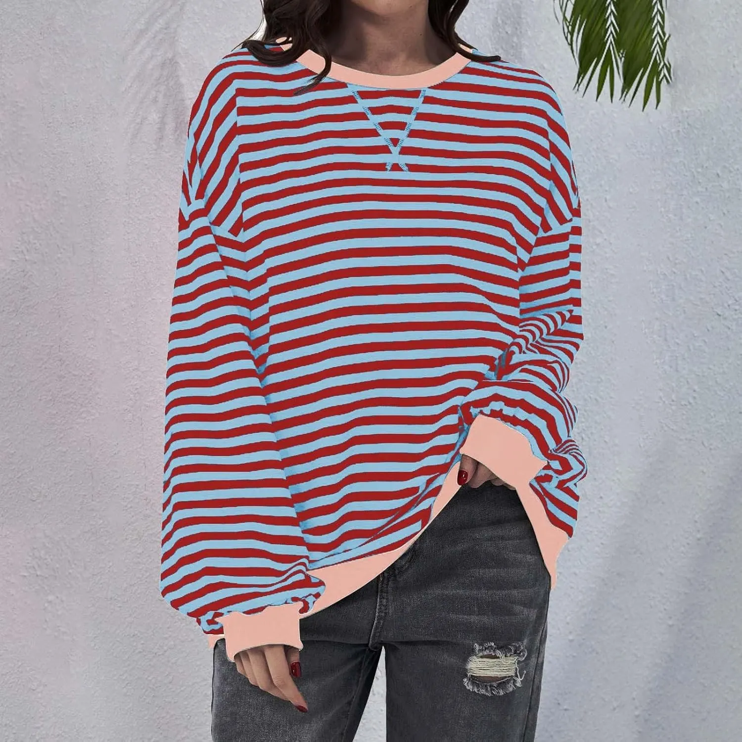 Striped Shirt Colorblock Sweatshirt Women Oversized Sweatshirt Long Sleeve Shirts Fall Outfits for Women 2024