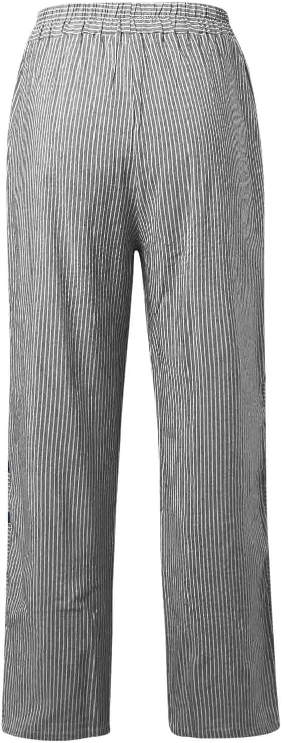 Striped Wide Leg Pants Woman Elastic High Waist Side Button Trousers Lightweight Straight Leg Cropped Pants w/Pockets