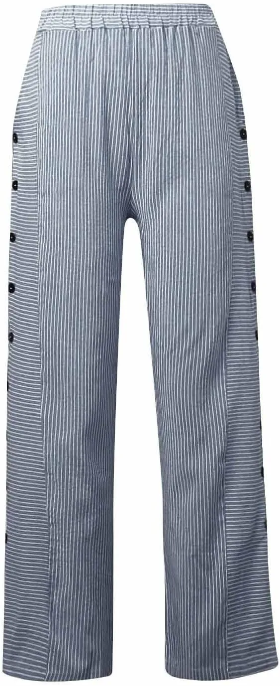Striped Wide Leg Pants Woman Elastic High Waist Side Button Trousers Lightweight Straight Leg Cropped Pants w/Pockets