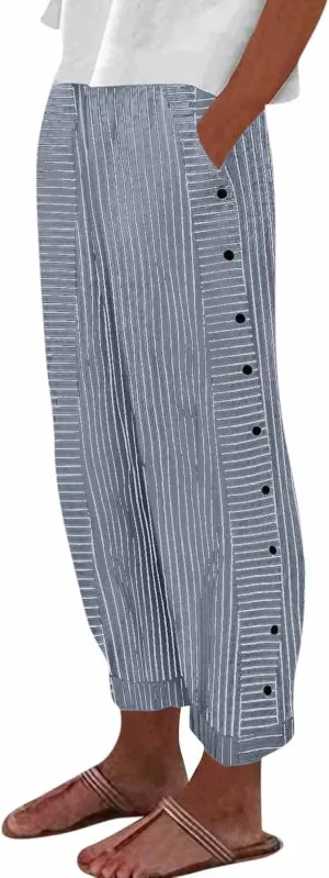 Striped Wide Leg Pants Woman Elastic High Waist Side Button Trousers Lightweight Straight Leg Cropped Pants w/Pockets