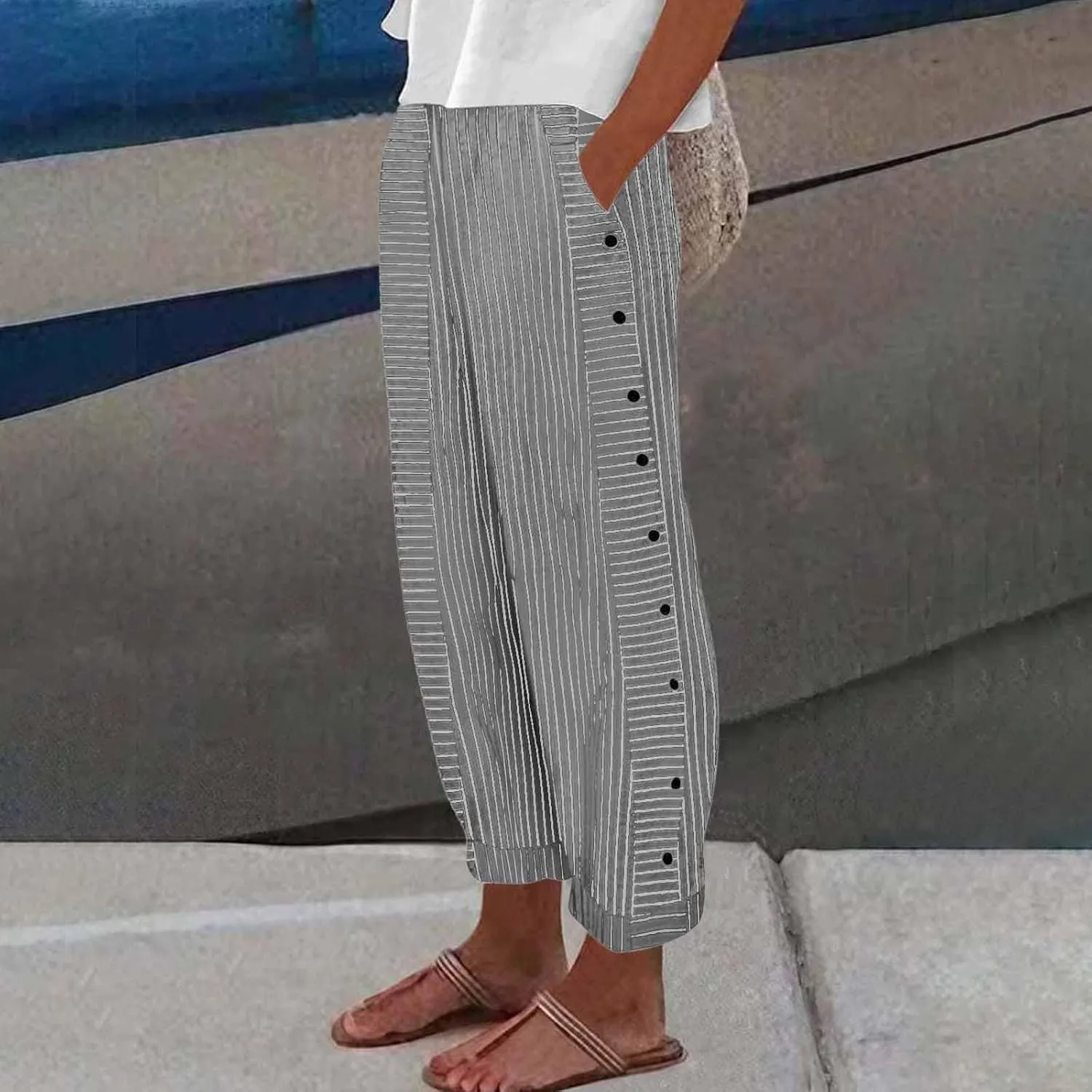 Striped Wide Leg Pants Woman Elastic High Waist Side Button Trousers Lightweight Straight Leg Cropped Pants w/Pockets